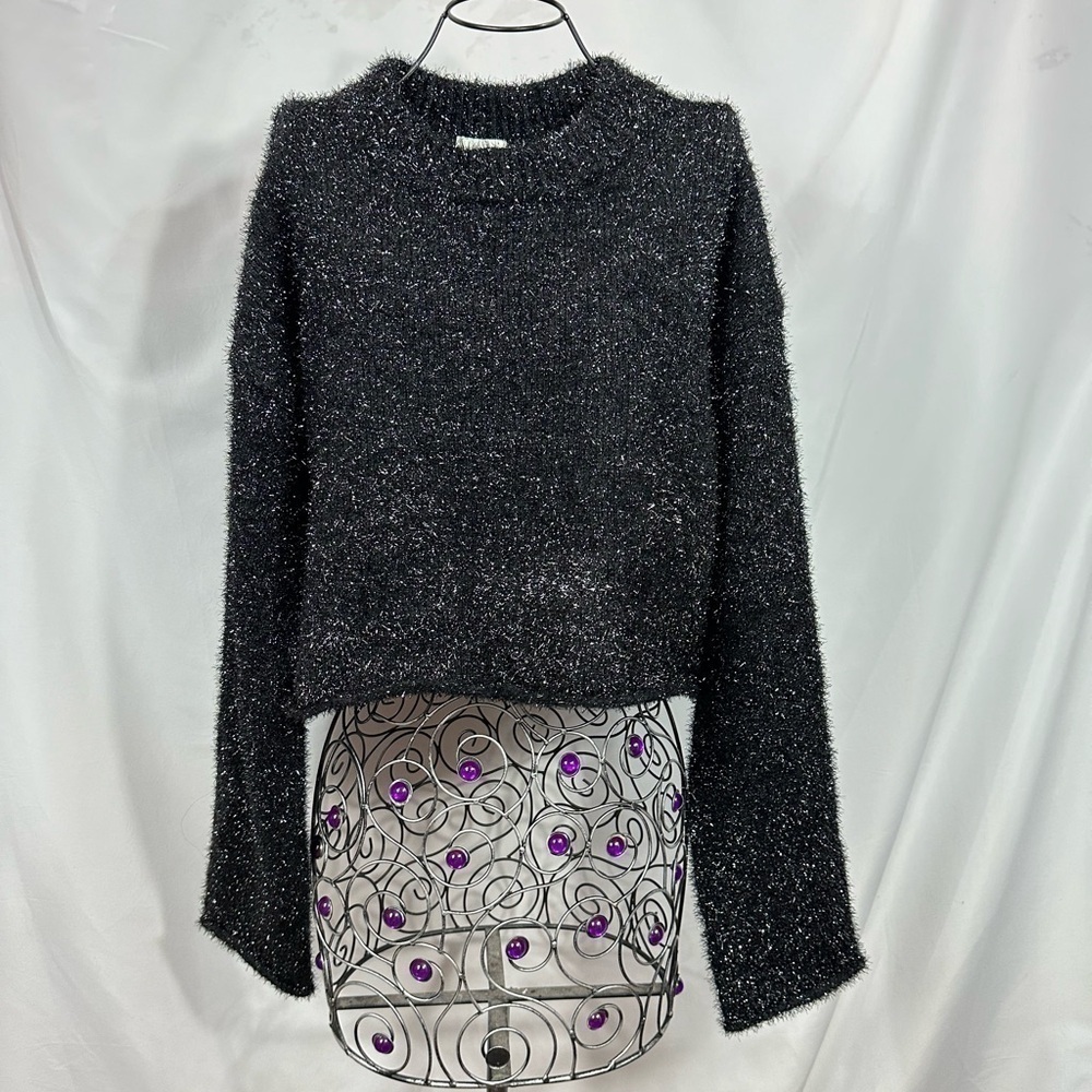 NWT H&M black tinsel sparkly crewneck cropped sweater size S